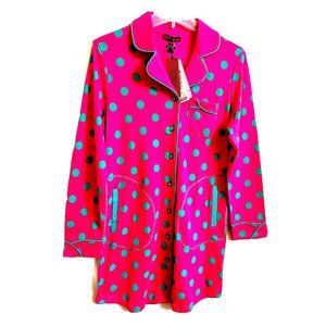 NWT Polka Dot Women Sleepwear Button Up Robe Size M Cotton Pink Green Long Slvs